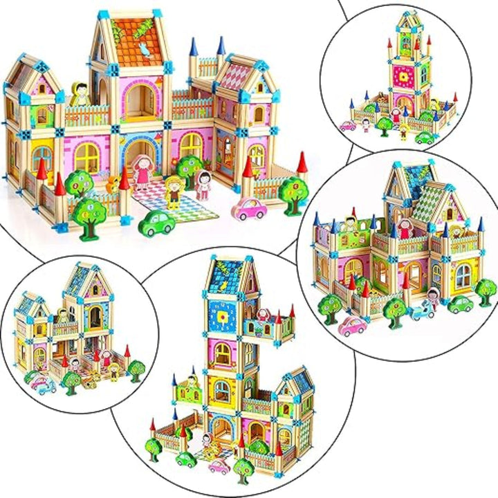 Castle, house, and tower designs showing different ways to arrange the wooden building pieces