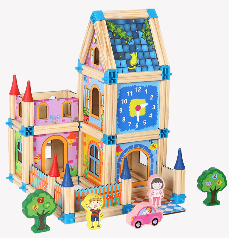 Wooden house and tower build with a clock panel, pink car, trees, and two figures