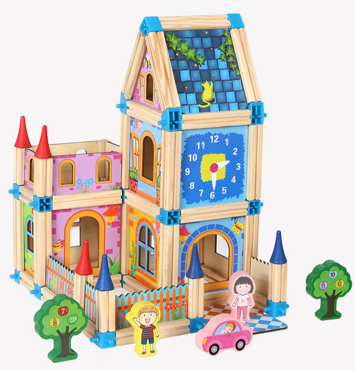 Wooden house and tower build with a clock panel, pink car, trees, and two figures