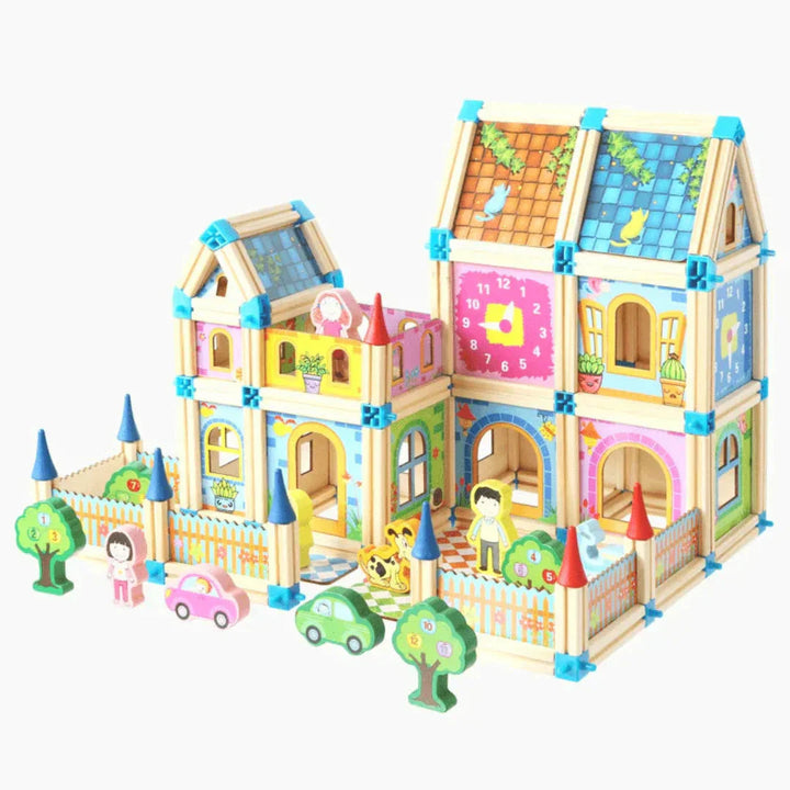 Two connected wooden houses with illustrated wall panels, trees, figures, and cars