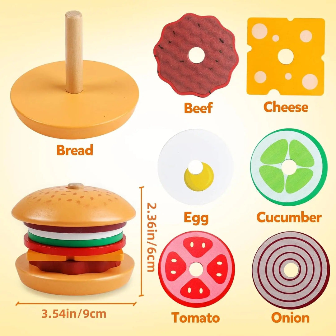 Wooden hamburger toy with labeled beef, cheese, egg, cucumber, tomato, and onion pieces