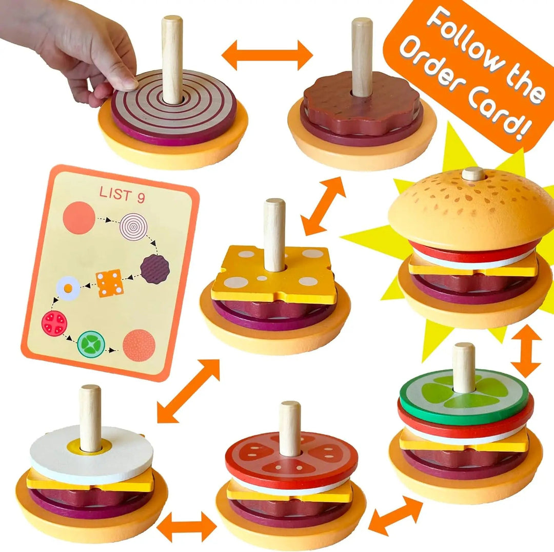Hamburger stacking sequence with a wooden peg base, food pieces, and an order card