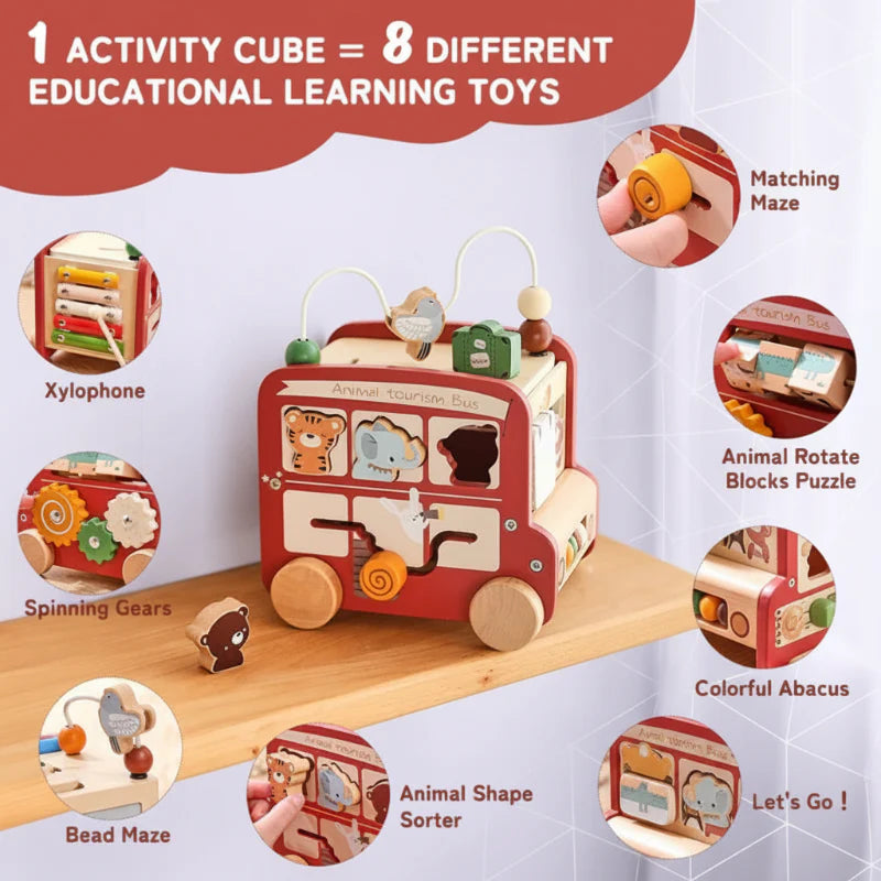 Activity guide showing the wooden bus's xylophone, bead maze, gears, abacus, and shape sorter