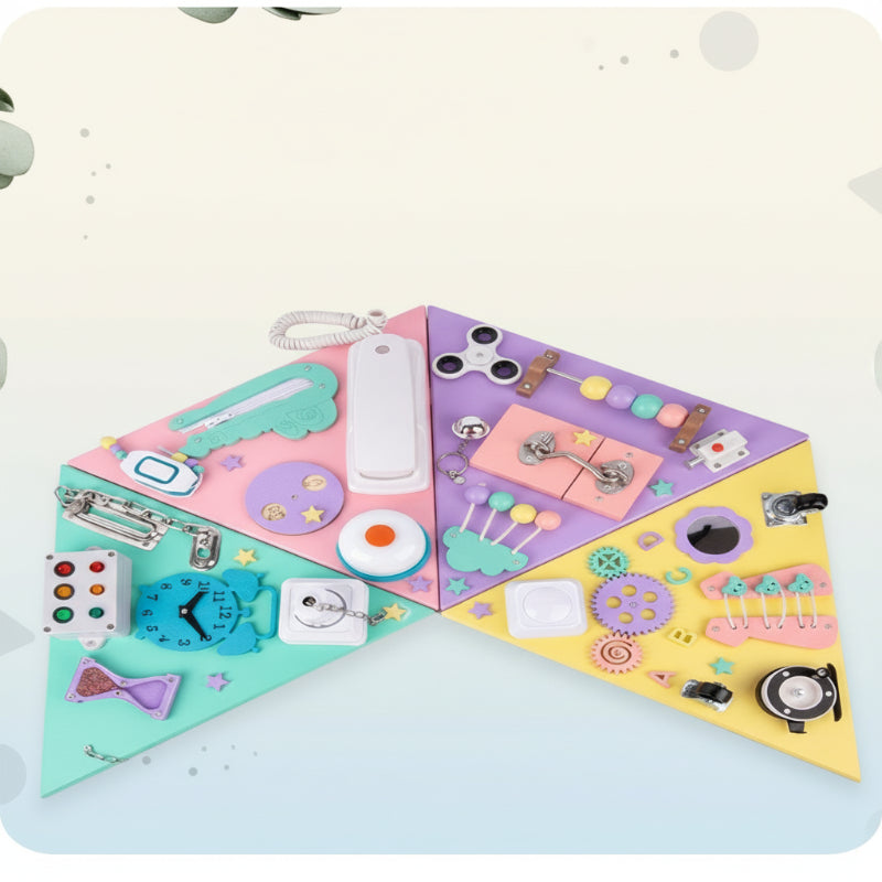 Wooden busy board opened flat to show its four colorful triangular activity panels