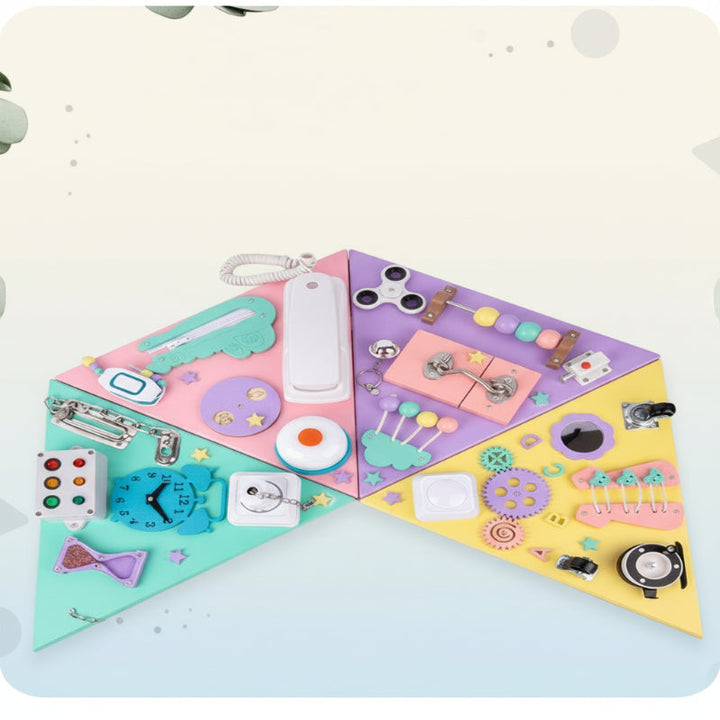 Wooden busy board opened flat to show its four colorful triangular activity panels
