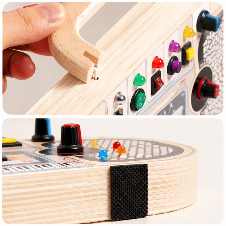 Close-up views of the wooden busy board&