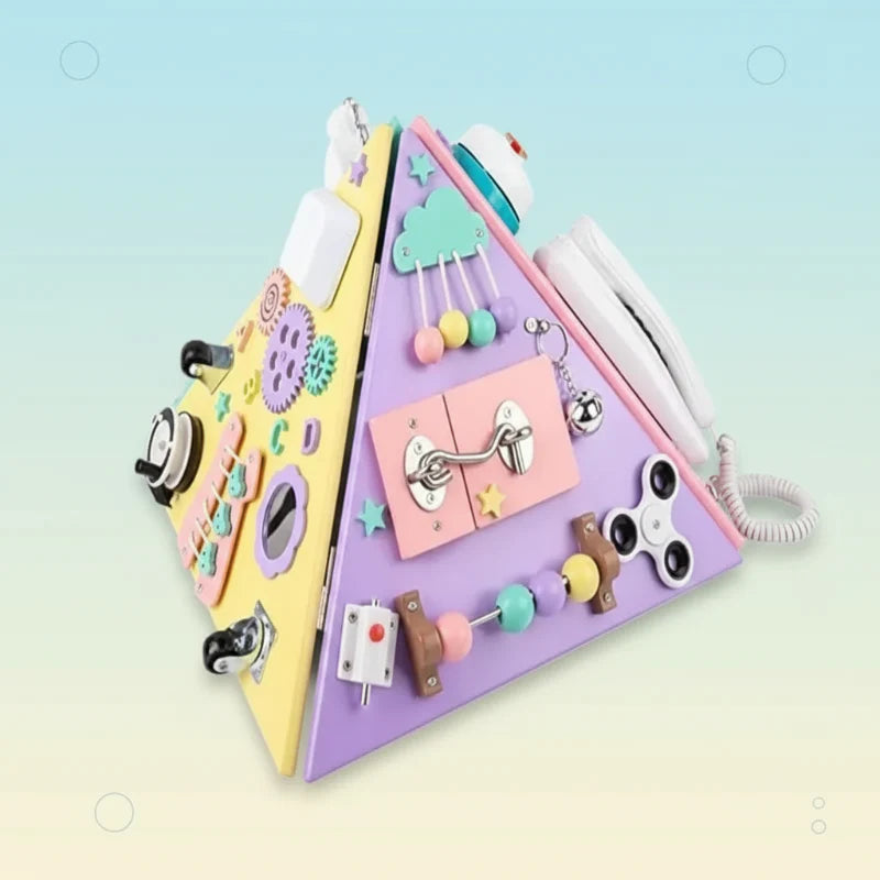 Wooden busy board pyramid with colorful activity panels, beads, gears, and latches