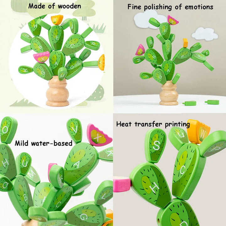 Close-up views of the assembled wooden cactus, printed letters, and branch connections.