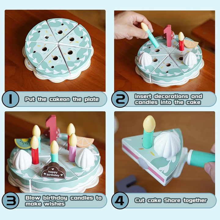 Four-panel guide to arranging, decorating, and slicing the wooden birthday cake
