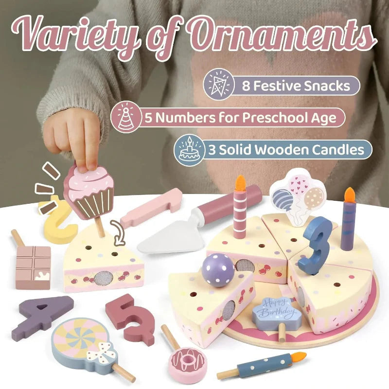 A child adding a cupcake decoration to a wooden cake with number pieces and pretend sweets