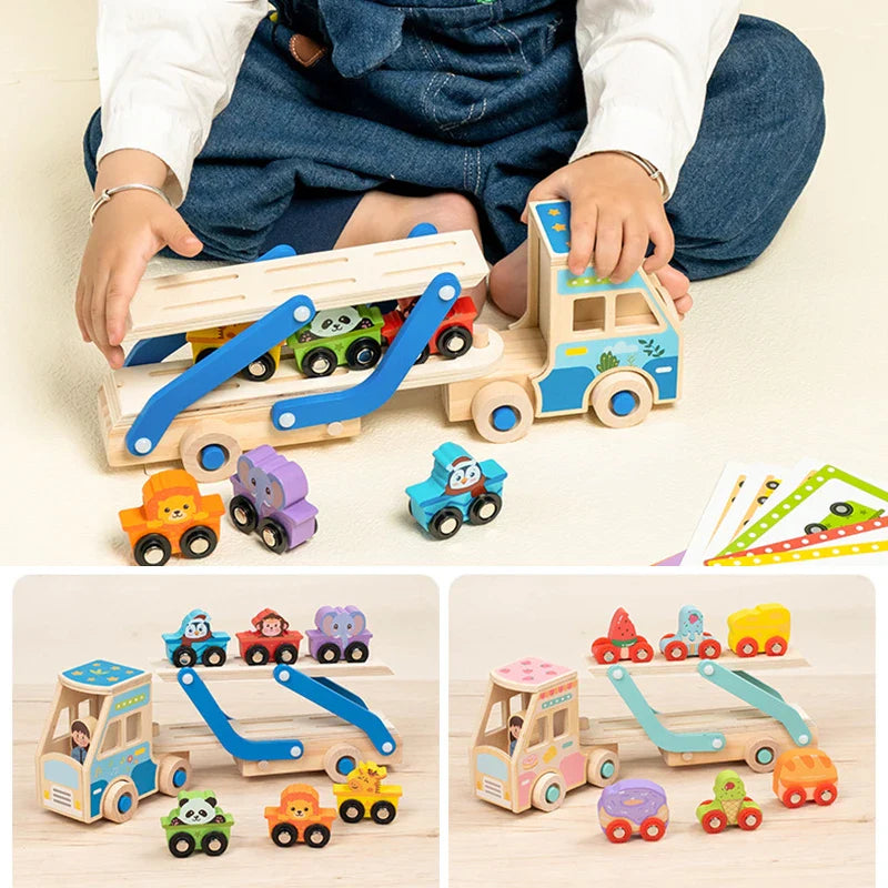 Child playing with a wooden carrier truck, with blue animal and pink food-themed sets shown below.