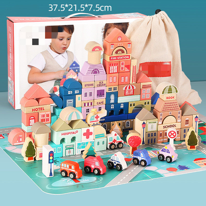 Wooden city block set with toy vehicles, puzzle mat, storage bag, and box labeled 37.5 x 21.5 x 7.5 cm