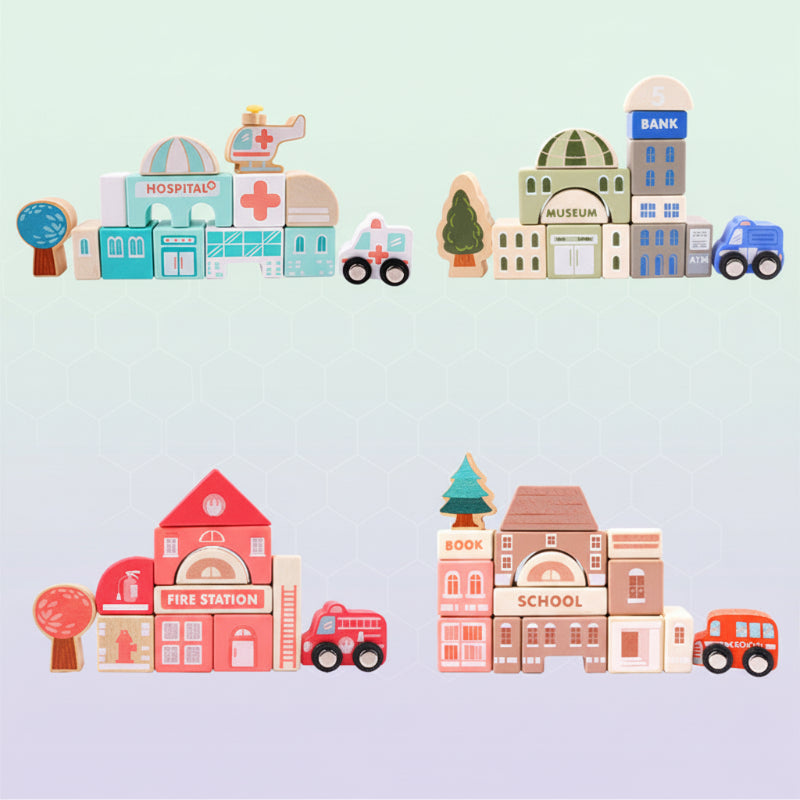 Wooden city building examples with a hospital, bank, fire station, school, and toy vehicles