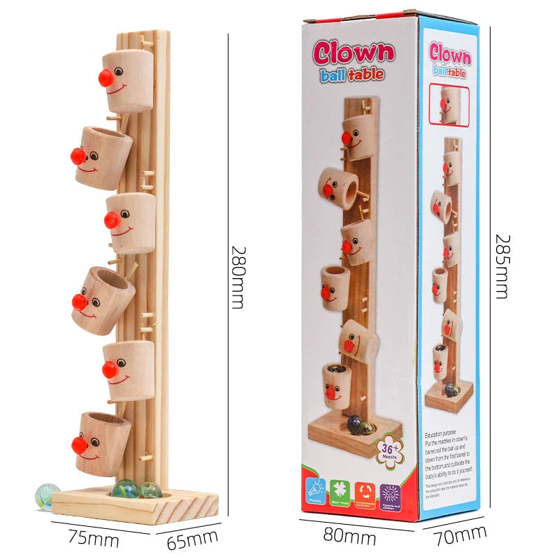 Wooden clown marble run and retail box with tower and package measurements