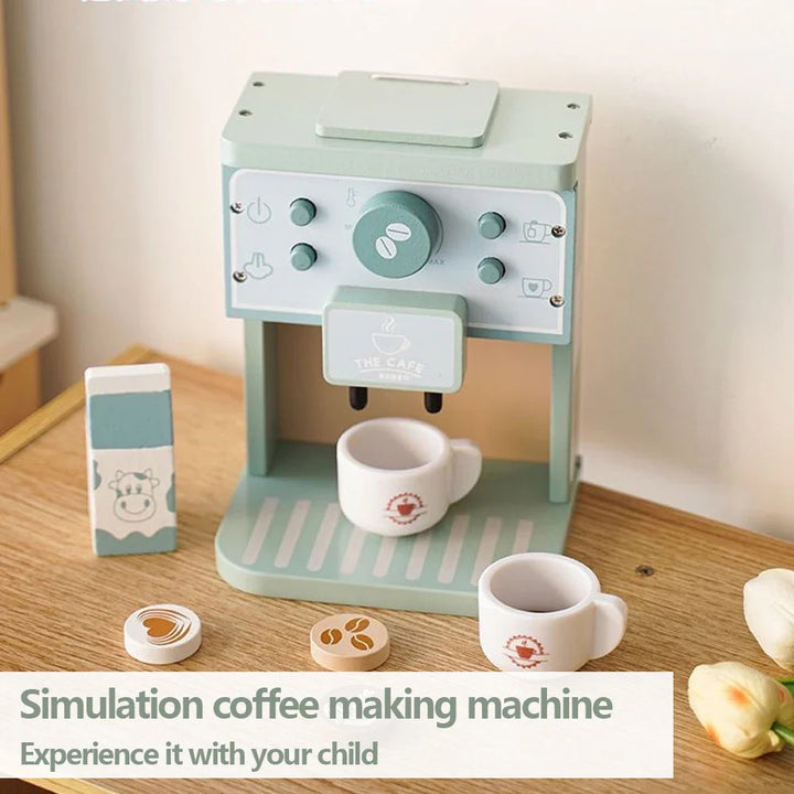 Wooden coffee play set arranged on a table with two white cups and a toy milk carton