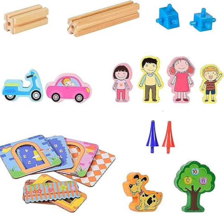 Wooden building pieces, blue connectors, illustrated panels, vehicles, trees, and figures