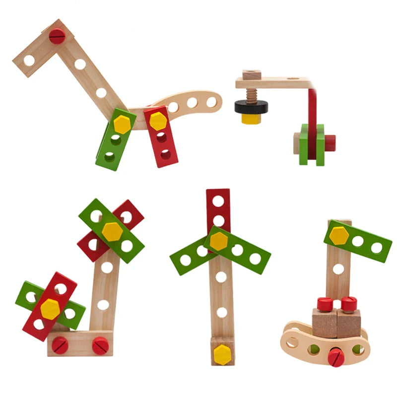Wooden pieces assembled into animal-like figures and upright models with colorful connectors