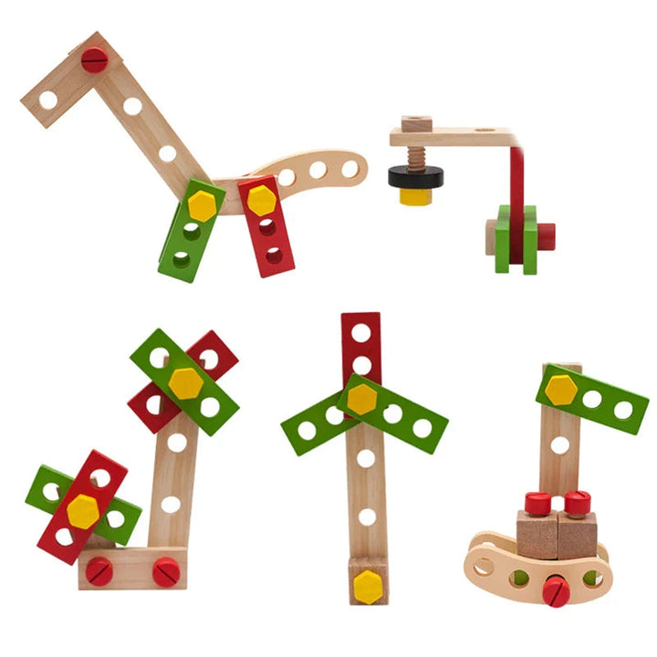 Wooden pieces assembled into animal-like figures and upright models with colorful connectors