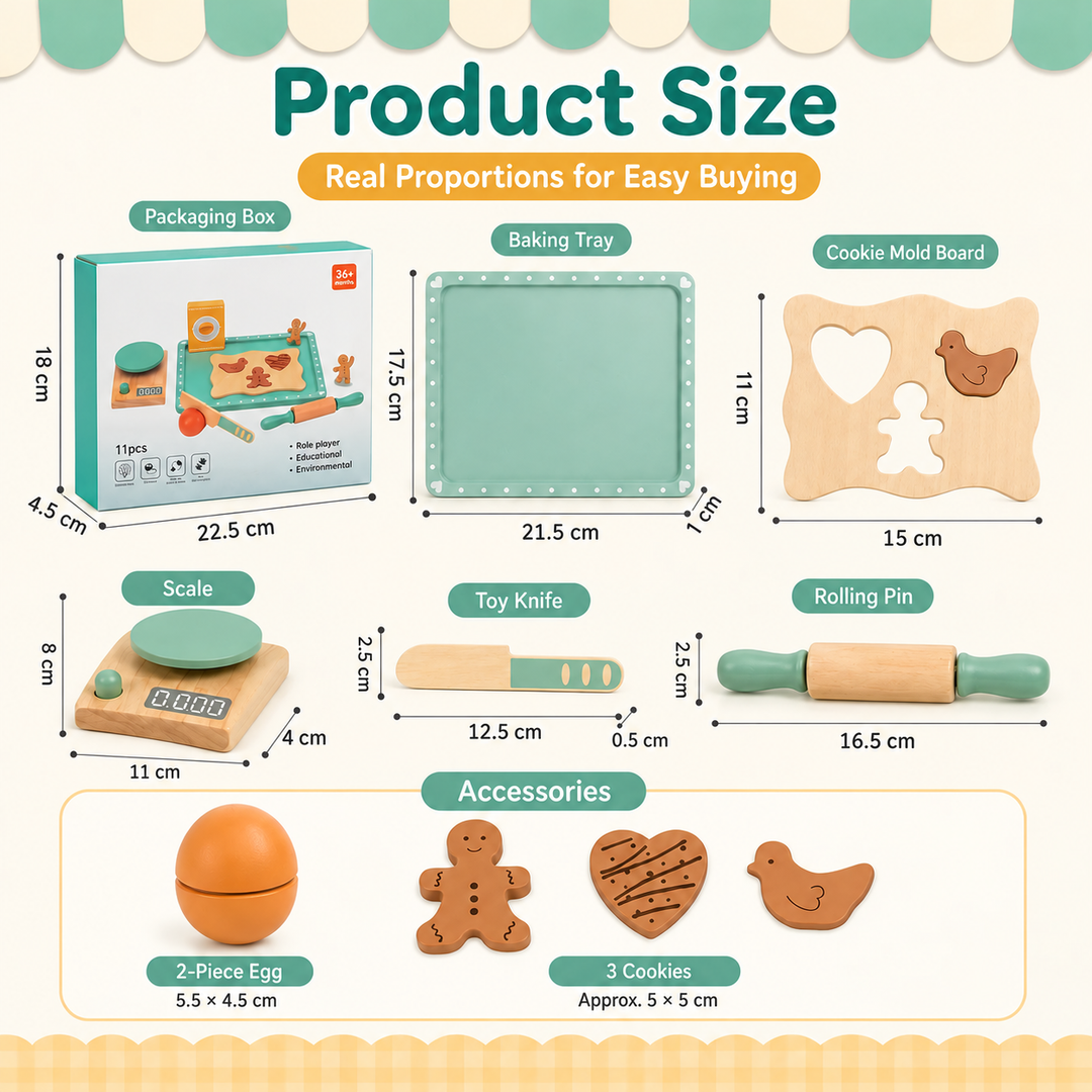 Size chart for the wooden baking tray, cookie board, scale, knife, rolling pin, egg, cookies, and box