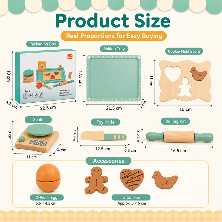Size chart for the wooden baking tray, cookie board, scale, knife, rolling pin, egg, cookies, and box