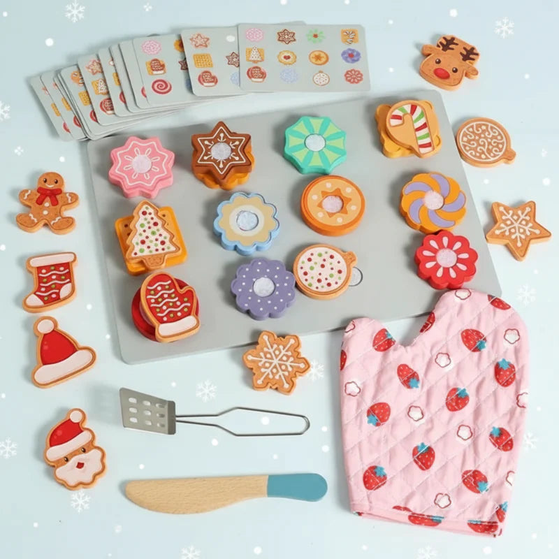 Wooden cookie sorting set with a tray, colorful cookies, pattern cards, toy knife, spatula, and pink oven mitt.