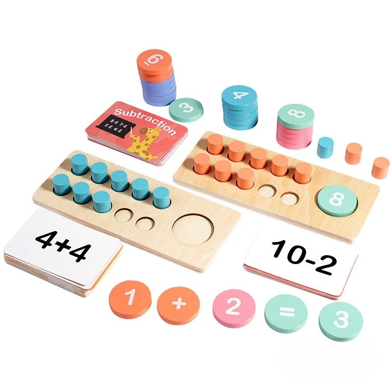 Two wooden ten-frame boards with counters, number and symbol tiles, and addition and subtraction cards