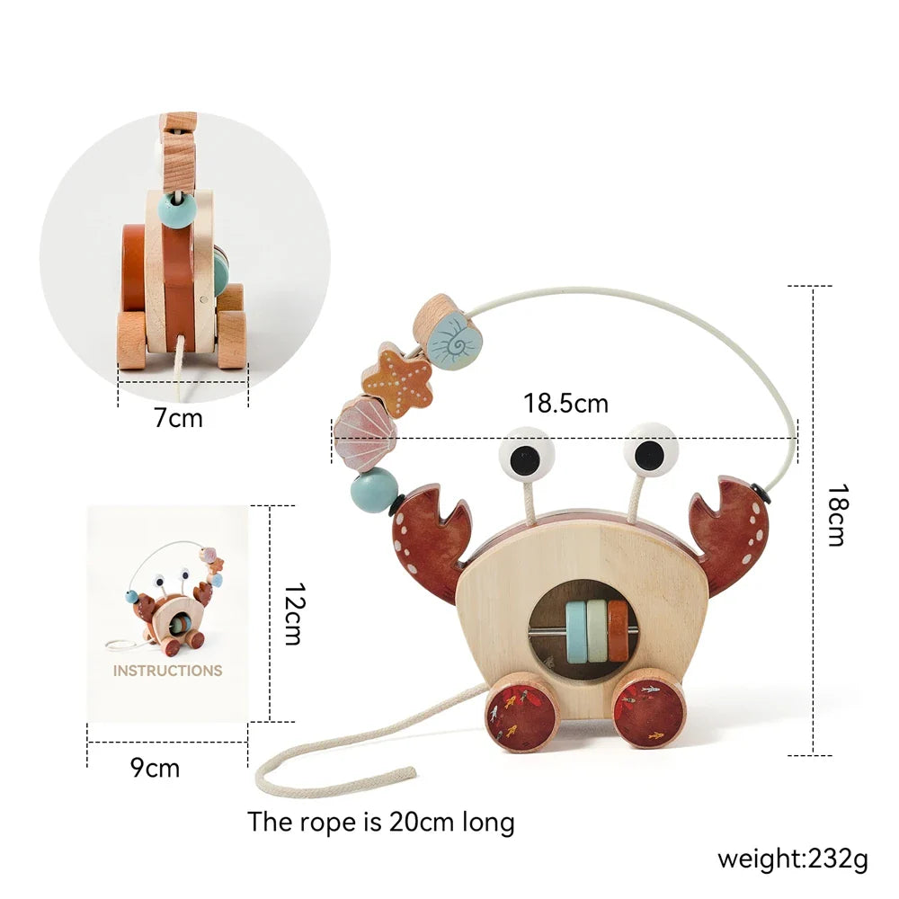 Measurement diagram of a wooden crab toy showing 18.5 cm width, 18 cm height, and 7 cm depth