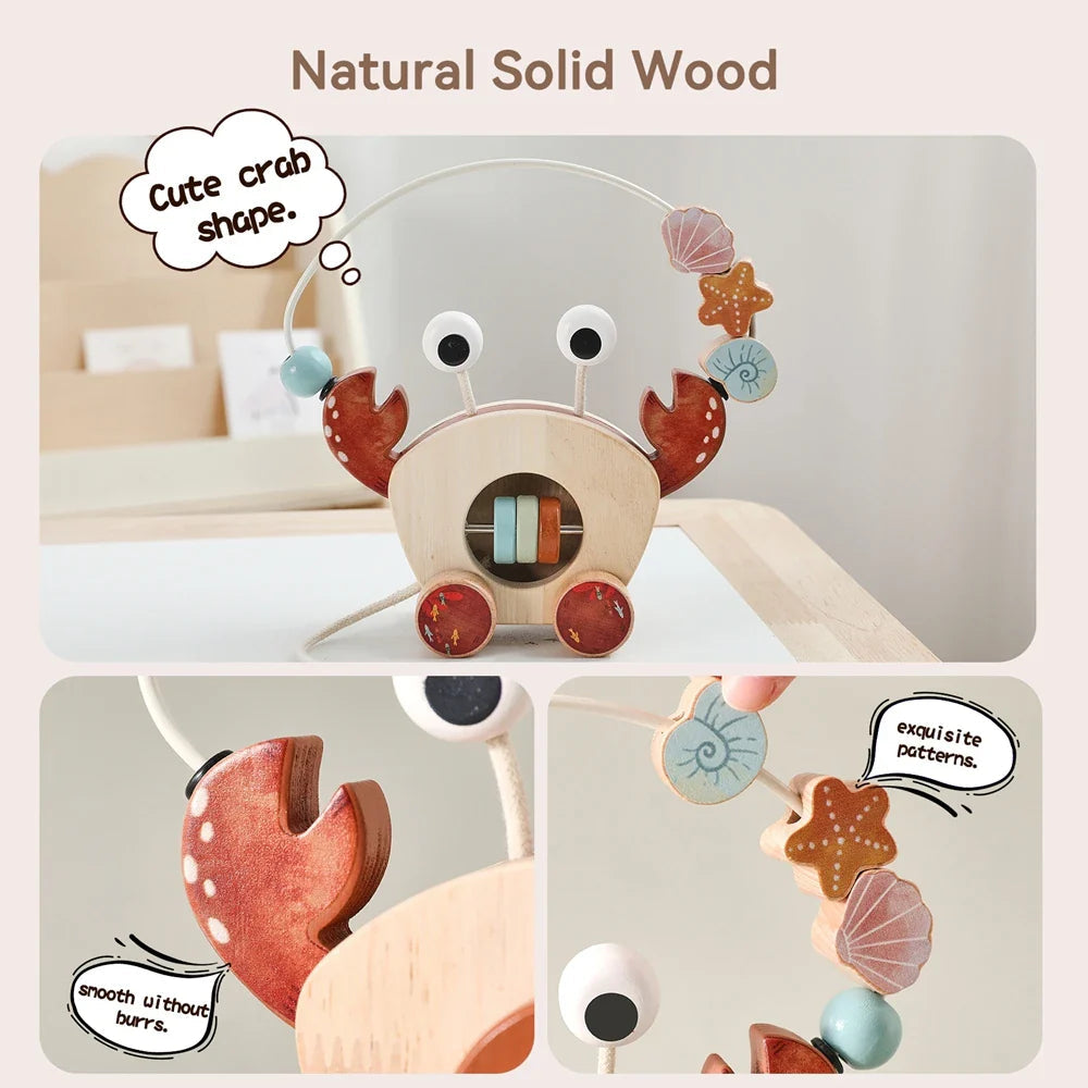 Wooden crab pull toy with close-ups of the claws, wood grain, and bead arch