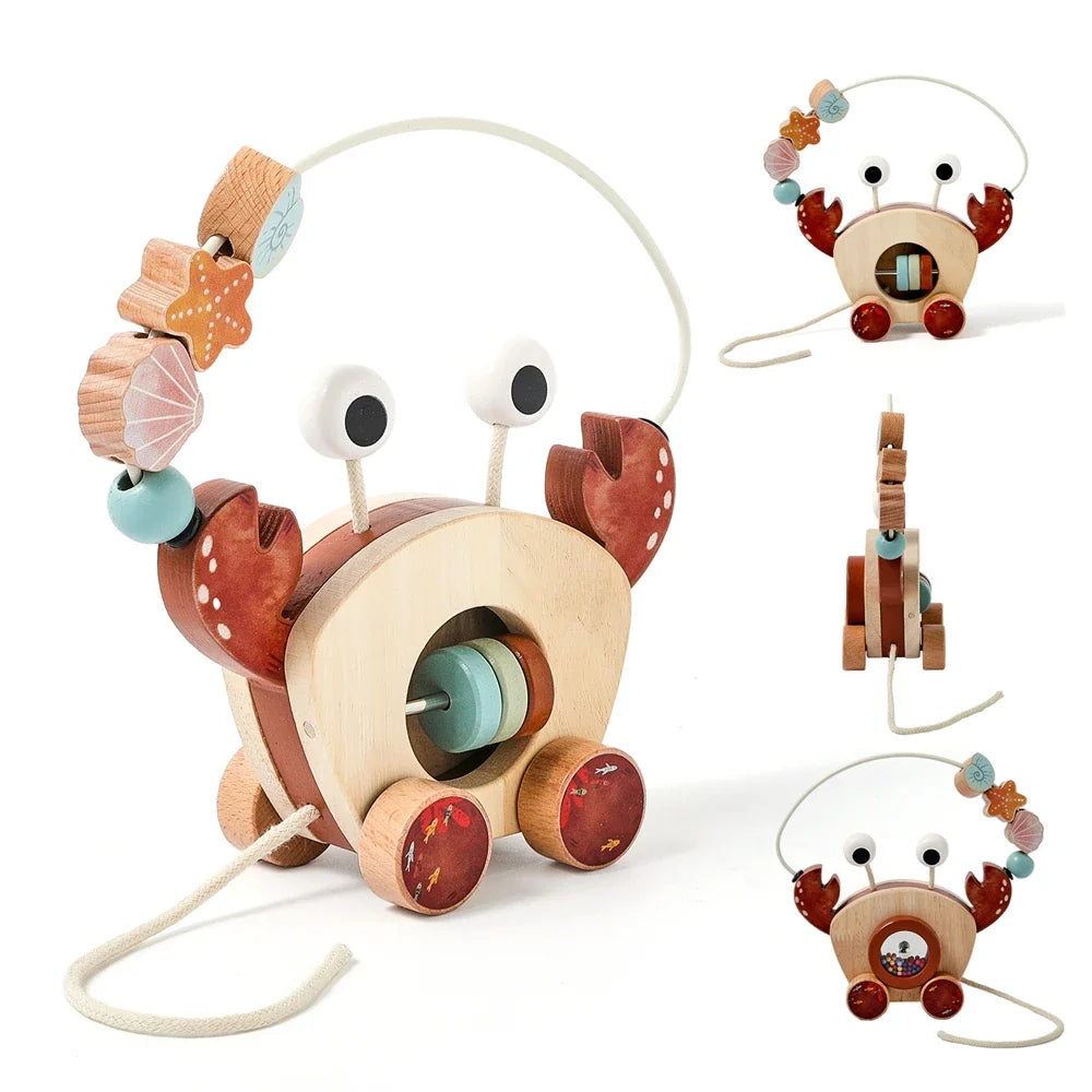 Wooden crab pull toy with a bead arch, red claws, wheels, and pull cord shown from several angles