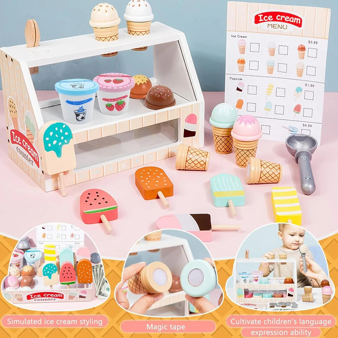 Wooden ice cream counter with a menu, toy cones, popsicles, cups, and scoop