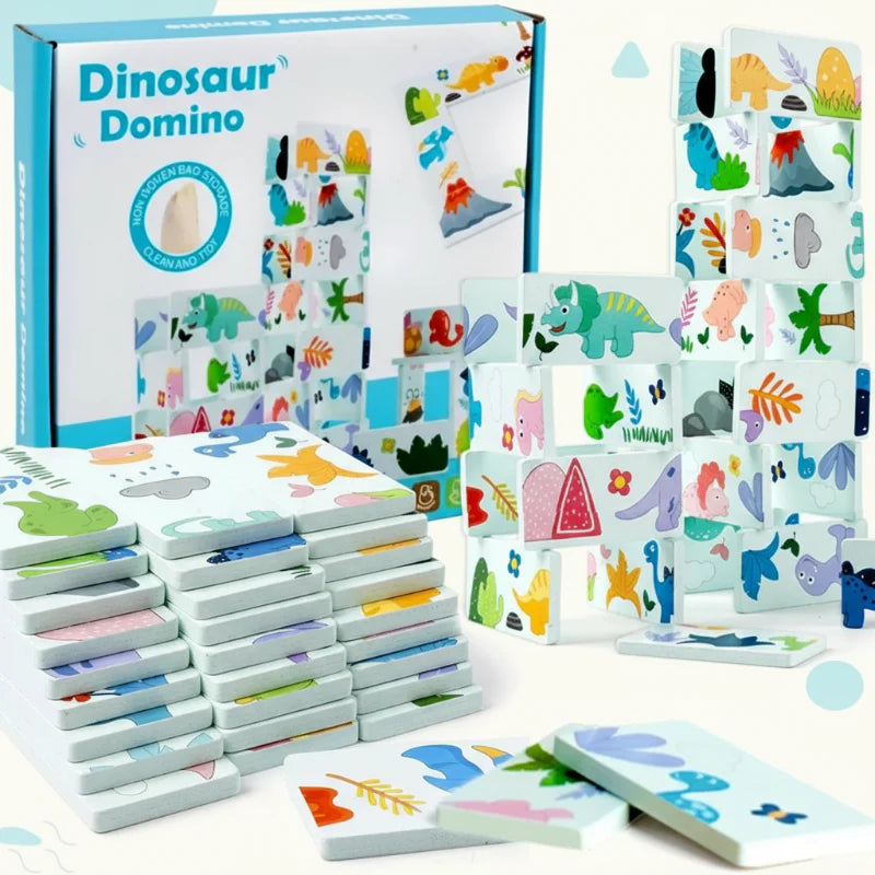 Wooden dinosaur picture dominoes shown loose, stacked, and upright beside their box