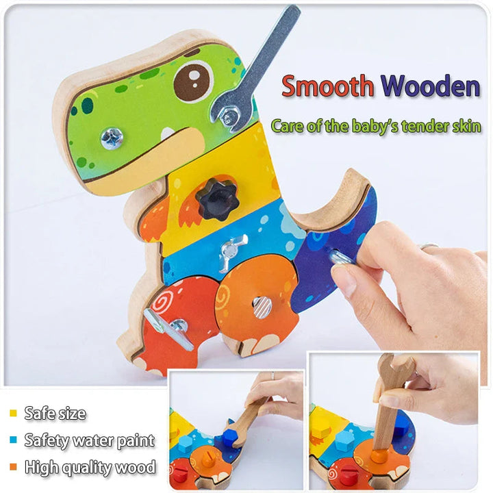 Wooden dinosaur board with metal fasteners and close-up views of tools in use