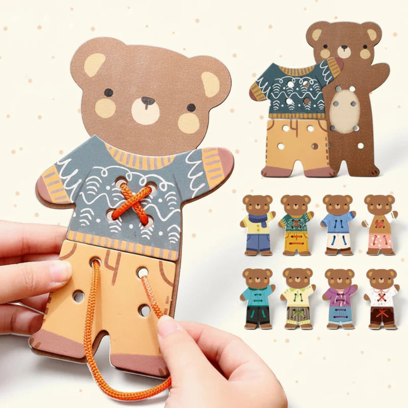 Hands lacing an orange cord through a wooden dress-up bear, with several outfit combinations shown.