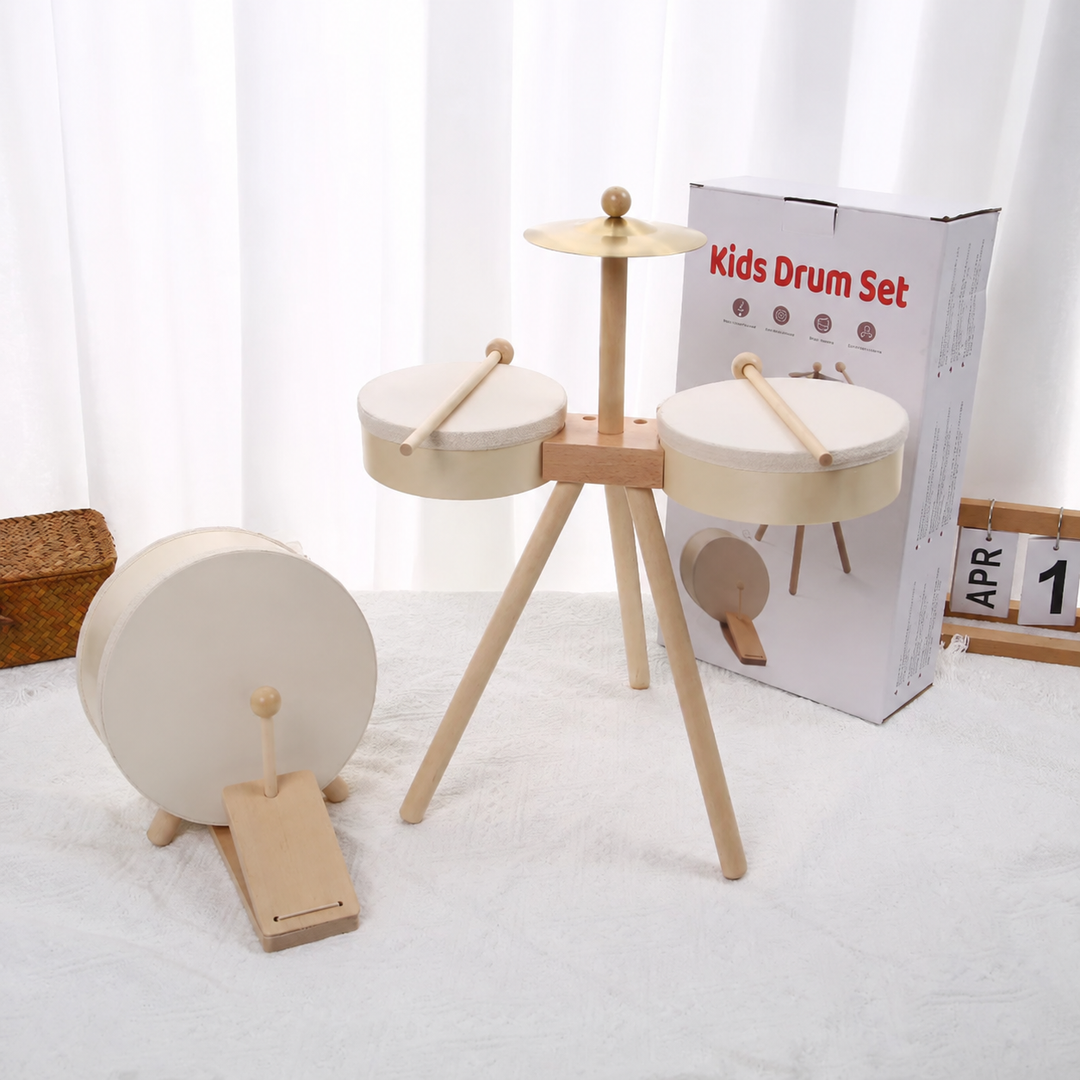 Wooden drum set with two side drums, a cymbal, bass drum, wooden pedal, and box