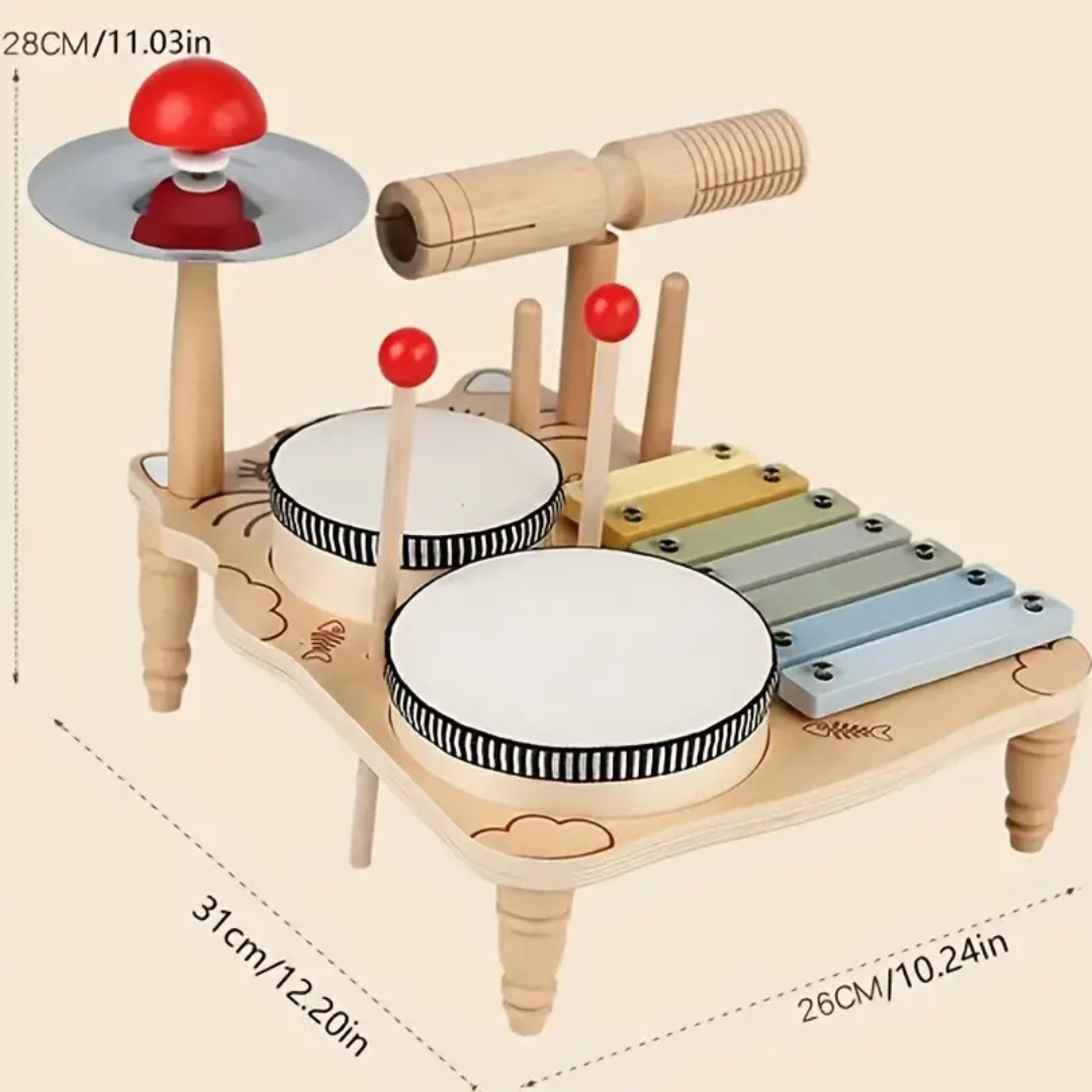 Dimension diagram showing the assembled wooden drum set from an angled view