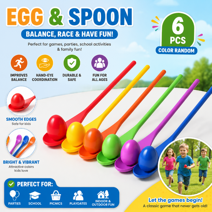 Six colorful wooden spoons and eggs with illustrated egg-and-spoon game features.