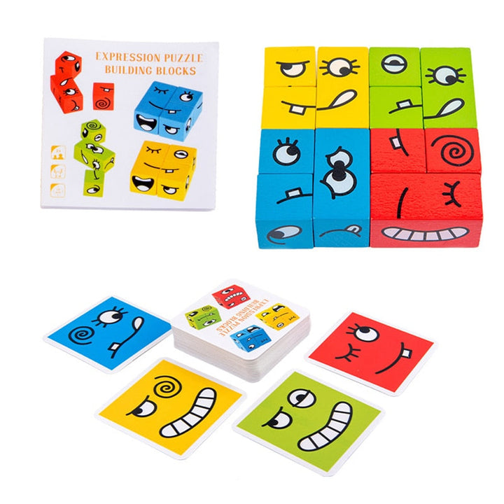 Expression puzzle set with colored wooden blocks, face cards, and an instruction booklet