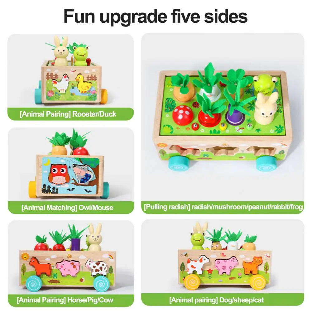 Five-sided wooden farm wagon showing animal-matching sides and vegetable sorting on top