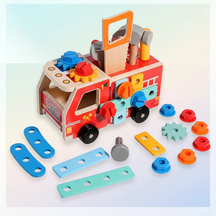 Wooden fire truck surrounded by colorful nuts, bolts, gears, and connecting strips.
