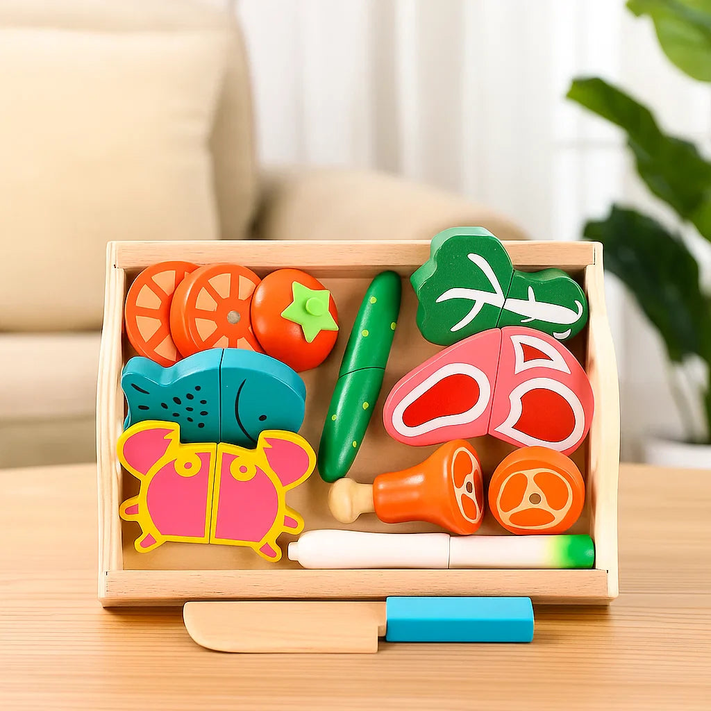 Wooden fish and meat play food with vegetables and a blue-handled toy knife in a tray