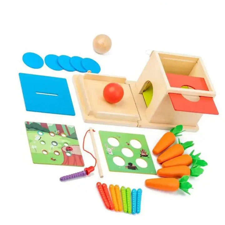 Wooden activity box with fishing panels, carrot pieces, blue sorting coins, colored sticks, and balls