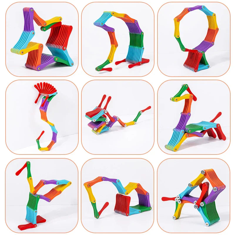Nine geometric and animal-like shapes made with the colorful wooden folding puzzle