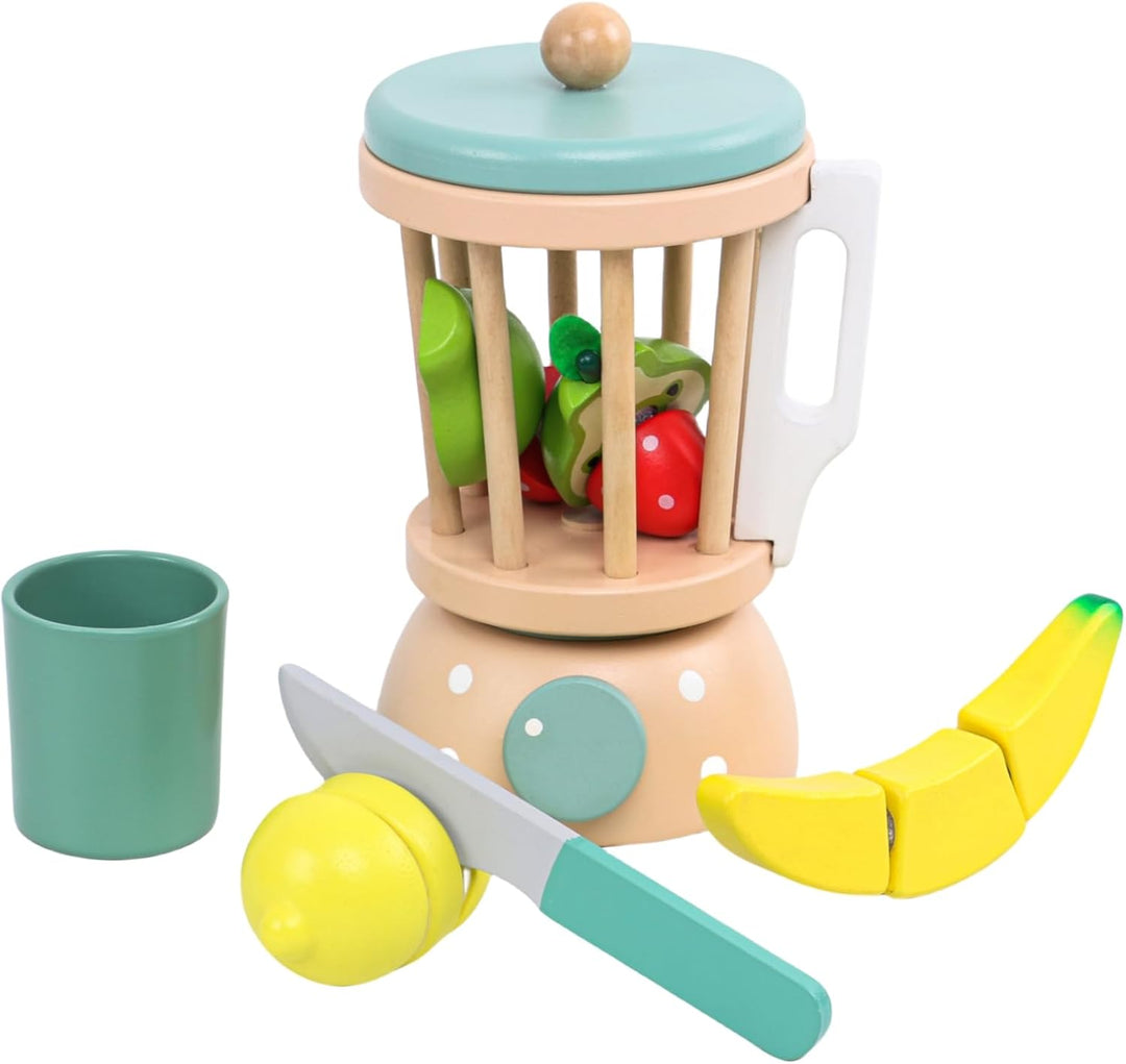 Wooden toy fruit mixer with a mint lid, pretend fruit, a cup, and a toy knife.