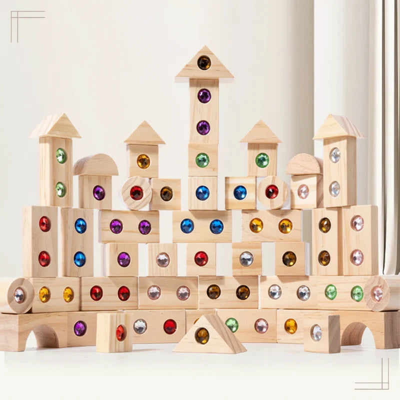 Wooden gem block castle with pointed roofs, colorful round gems, and arch openings