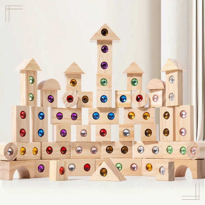 Wooden gem block castle with pointed roofs, colorful round gems, and arch openings