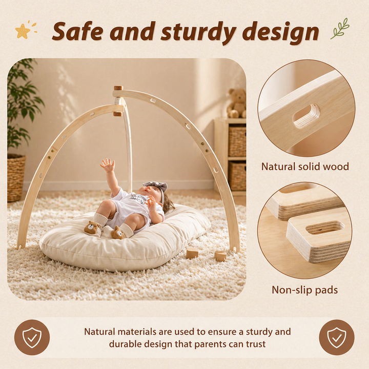 Bentwood baby gym with close-ups of slots in the wooden frame and the base ends.