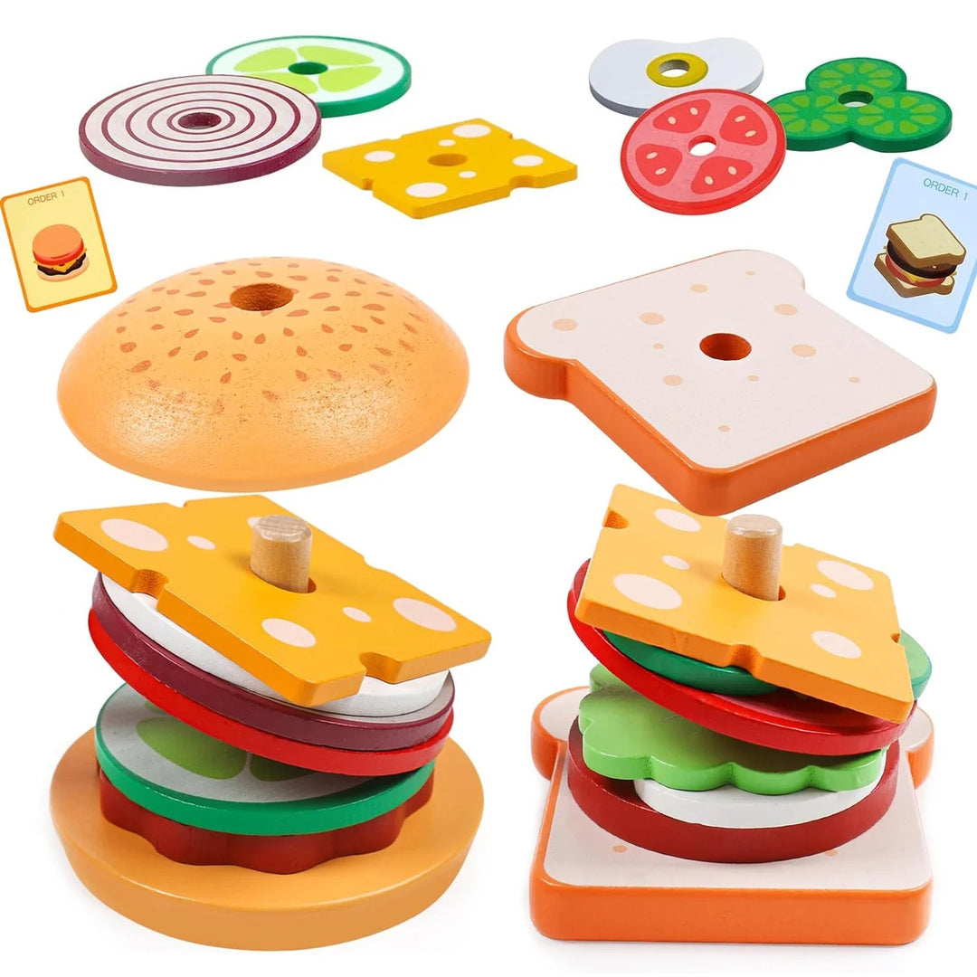 Wooden hamburger and sandwich stacking toys with colorful play-food layers and illustrated order cards