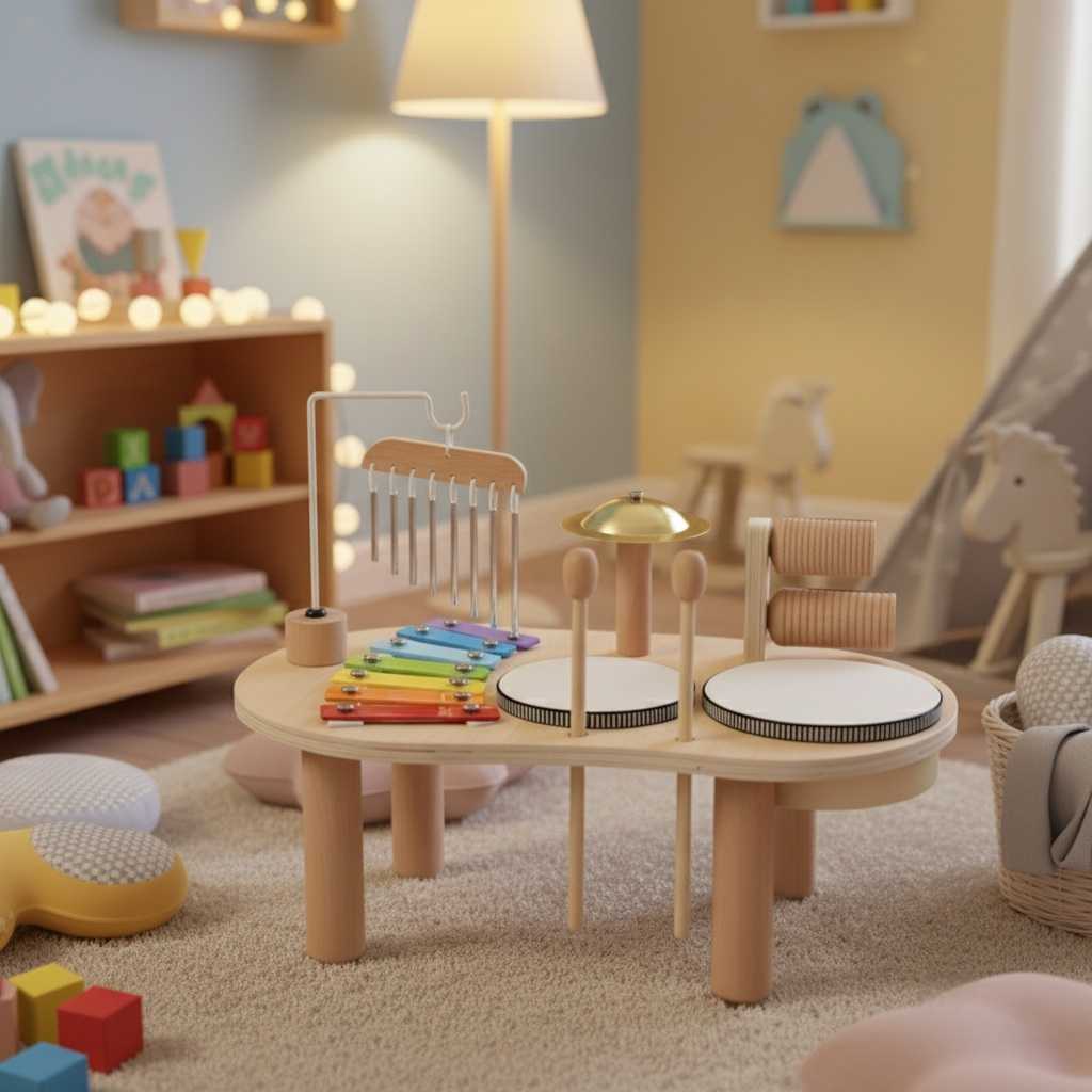 Wooden music playset on a playroom rug beside a cushioned chair