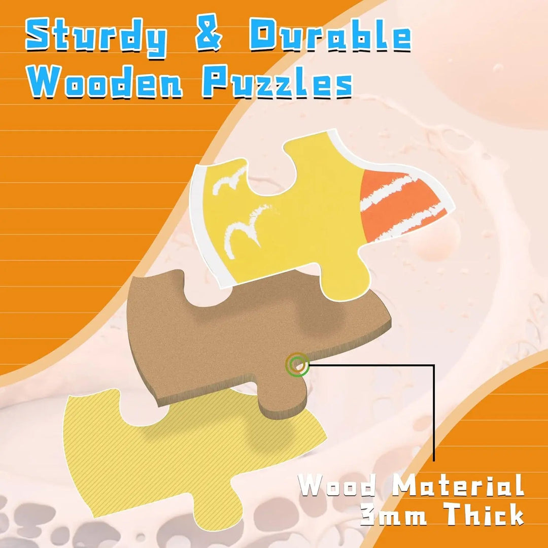 Close-up of interlocking wooden jigsaw pieces with a 3 mm thickness label
