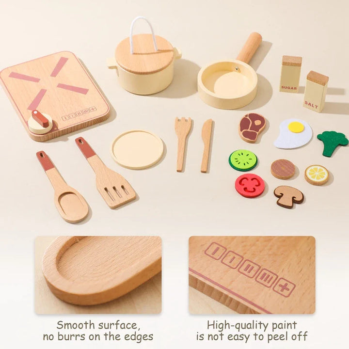 Wooden cookware, utensils, and play food with close-ups of the spoon and stovetop